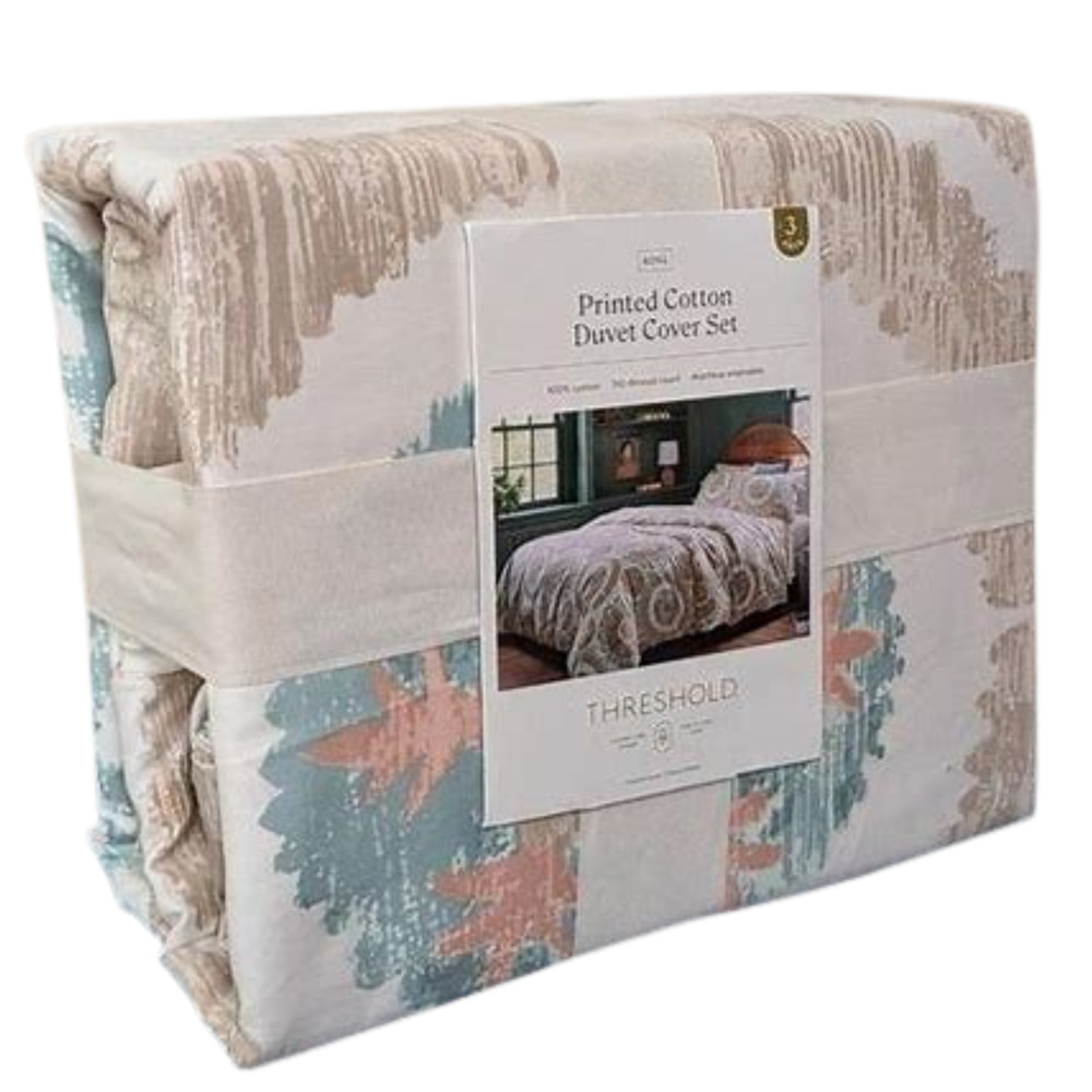 King Suzani Print Duvet Cover and Sham Set Ivory/Light Teal Blue -